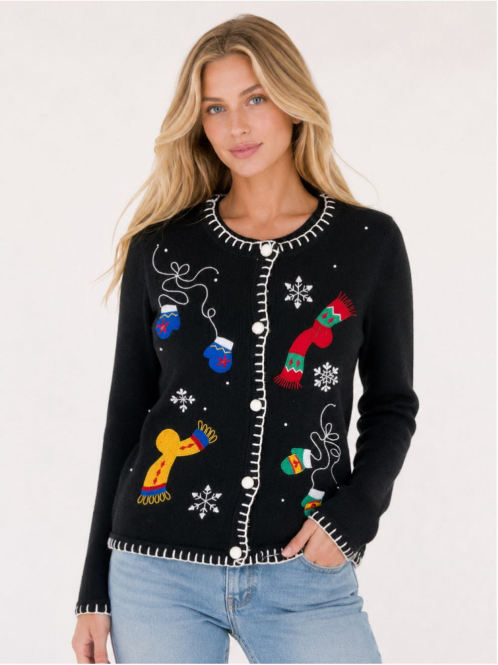 Vintage Christmas Embroidered Cardigan Kitsche Holiday Festive Novelty Knit 90s
